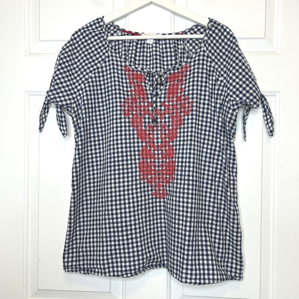 Westport 1962 Gingham Embroideredâ Tunic Top XL Navy White Red Tie Sleeves